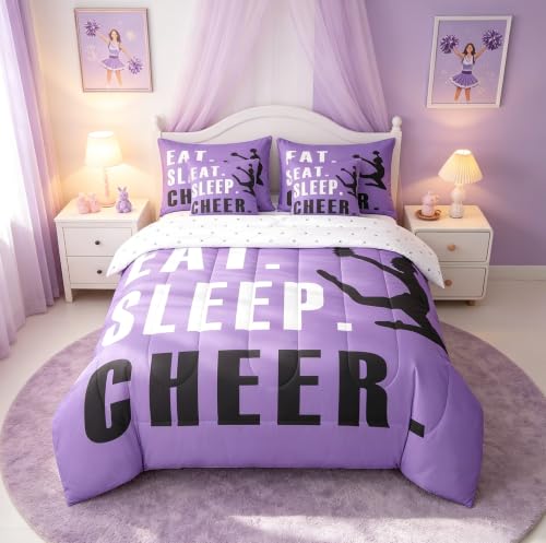 Feelyou Cheer Comforter Set with Sheets Full Size Ombre Purple Cheerleading 7 Pieces Bedding Set for Kids Boys Girls Teens Cheerleader Bed in a Bag Dancing Cheer Lover Bed Set