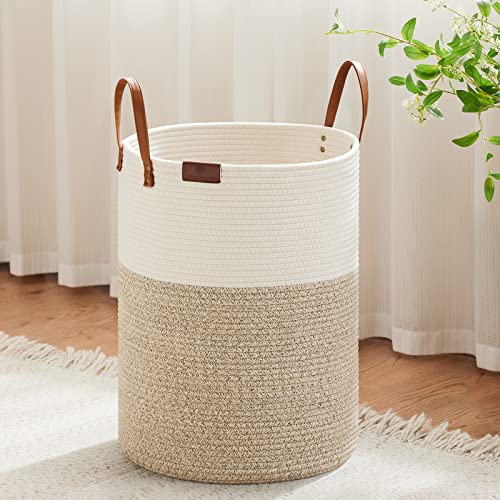 VIPOSCO Tall Woven Rope Storage Basket with Leather Handle 58L White & Brown