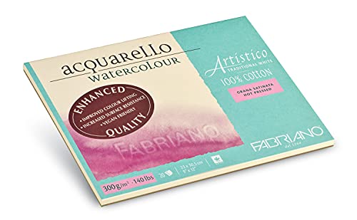 Fabriano Artistico Acquarello Watercolour, Natural White, Satin Hot Pressed, 23 x 30.5 cm, 20 Sheets, 300 g/m?? Artist Watercolour Cardboard, Glued on 4 Sides, Vegan