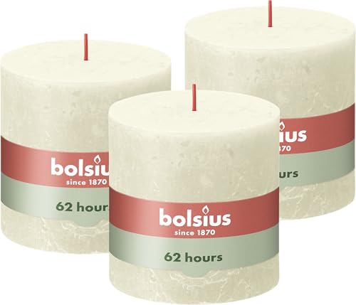 Bolsius Rustic Pillar Candle XXL - Ivory - Pack of 3 - Long Burning Time of 62 Hours - Interior Decoration - Unscented - Includes Natural Vegan Wax - No Palm Oil - 10 x 10 cm