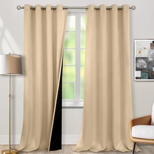 BGment 100% Blackout Curtains 108 Inch Long 2 Panles Set, Thermal Insulated Total Light Locking Soundproof Grommet Curtains & Drapes for Living Room with Black Liner, 52 Inch Wide Each, Beige