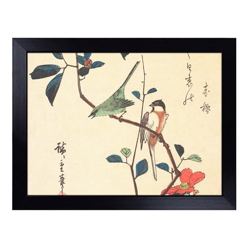 Lap Tray with Bean Bag Cushion, Birds Upon A Camellia Branch By Utagawa - Handmade in the UK, Raised Wooden Edge, Padded Cushion, Heat-Resistant Wipe-Clean Surface, for Meals, Laptops and Crafts