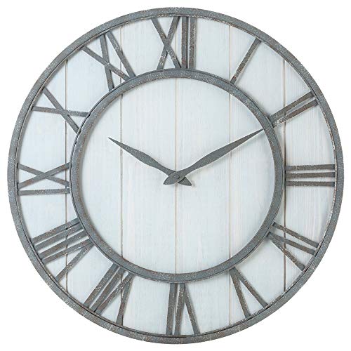 Oldtown Clocks Farmhouse Rustic Barn Vintage Bronze Metal & Solid Wood Noiseless Big Oversized Wall Clock 24-inch Whitewash