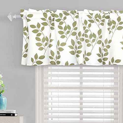 poefun Sage Green Valance Curtains 18 Inches Long Leaf Printed, Rod Pocket Short Curtain Valances for Kitchen/Windows/Living Room/Bedroom/Bathroom 1 panel 52 x 18