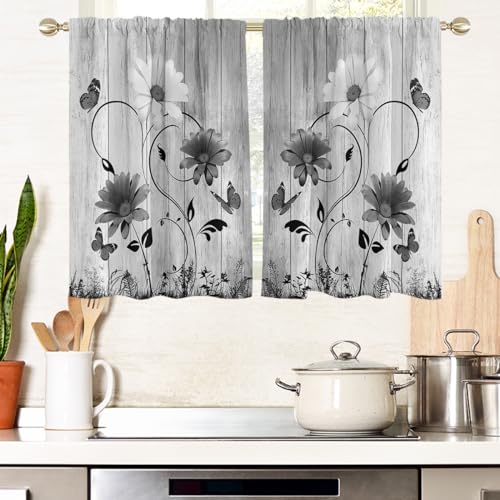 "AAtter Black Floral Kitchen Curtains, 27.5"" W x 39"" L, 2 Panels Rod Pocket - Grey and White Farmhouse Window Drapes, Moody Gothic Daisy Butterfly, Country Vintage Wildflower, Small Short Bathroom Tiers"
