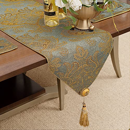 Loom and Mill Luxury Thick Chenille Table Runner, Modern Damask Jacquard Table Runners with Handmade Tassels for Dining Room Dresser Party Holiday Banquet Decorations(Blue Gold, 13x90 inch)