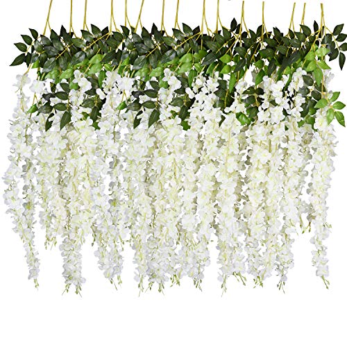 DearHouse 6 Pack 3.75 Feet/Piece Artificial Fake Wisteria Vine Ratta Hanging Garland Silk Flowers String Home Party Wedding Decor (6PCS-Large White Wisteria)