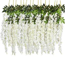 DearHouse 6 Pack 3.75 Feet/Piece Artificial Fake Wisteria Vine Ratta Hanging Garland Silk Flowers String Home Party Wedding Decor (6PCS-Large White Wisteria)