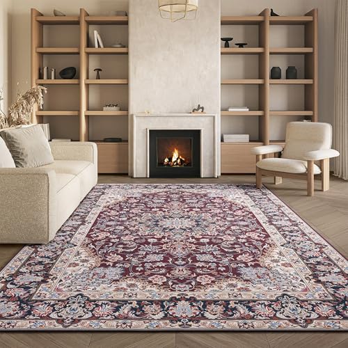 SAFAVIEH Traditional Rug Ideal for High Traffic Areas - Machine Washable and Non Slip - Tucson Collection, Short Pile, in Red and Navy, 183 X 274 cm