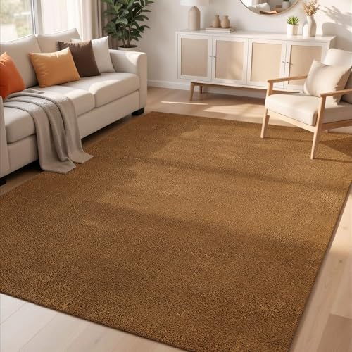 Rugs by Desire Comfy Washable Modern Living Room Rug Polyester Plain Indoor Area Rug with Low Pile - Anti-Slip Felt Backing SuperSoft Carpet Bedroom-Hallway, Gold, 120x160 cm