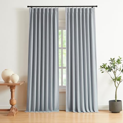 "Vision Home Blue Gray Pinch Pleated Full Blackout Curtains Linen Blended Room Darkening Window Curtains 108 inch for Living Room Bedroom Thermal Insulated Pinch Pleat Drapes with Hooks 40"" Wx108 Lx2"