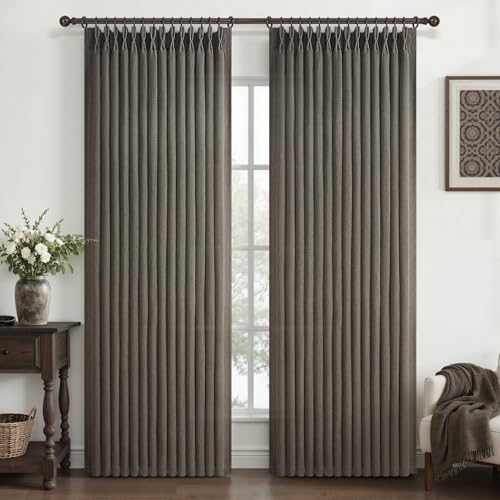 Pinch Pleated Chocolate Tart Semi Sheer Curtains 84 Inches Long for Living Room, Memory Trained Natural Linen Farmhouse Curtain Light Filtering Privacy Thick Drapes Bedroom Windows Burg 2 Panels Set