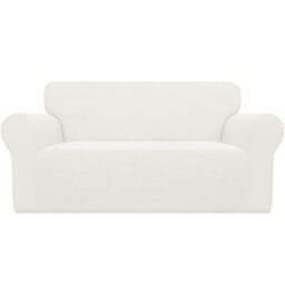 Easy-Going Stretch Sofa Slipcover 1-Piece Sofa Cover Furniture Protector Couch Soft with Elastic Bottom Anti-Slip Foam Kids, Spandex Jacquard Fabric Small Checks(loveseat,Cream)