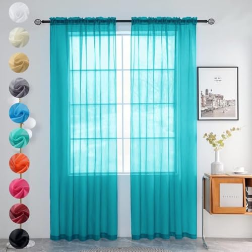 youleyar Solid Sheer Rod Pocket Curtain Voile Draperies 2 Panels White Beige Black Grey Coffee 52 Inch Width 54 Inch Long 1 Pair for Kitchen Bedroom Children Living Room Yard (Peacock Blue,52W???54L)