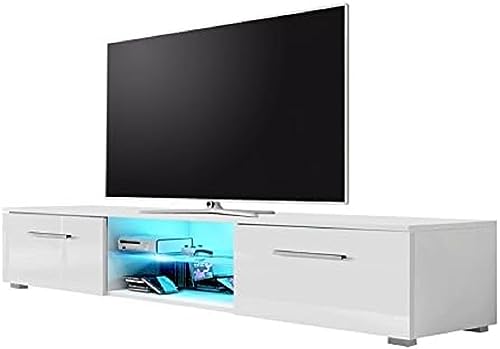 Selsey Syvis - TV Stand/Modern TV Cabinet (140cm,(Matte White/Gloss White Front Panels with LED Lighting)