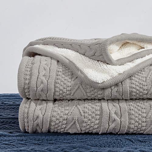 Longhui bedding ZASTION Acrylic Cable Knit Sherpa Throw Blanket - Thick, Soft, Big, Cozy Light Grey Knitted Fleece Blanket for Couch, Sofa, Bed - Large 50 x 63 Inches Light Gray Coverlet All Season
