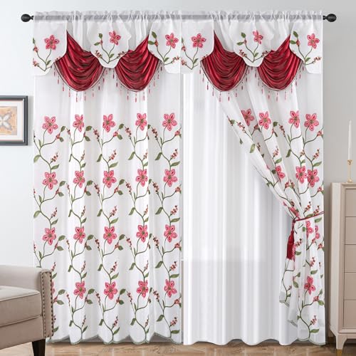 Petrichor Embroidered Sheer Curtain 2 Panels Set - Luxury Window Curtain Attached Valance with Satin Backing and 2 Tie Backs for Living Room,Dining Room, 54x63 inches, Burgundy