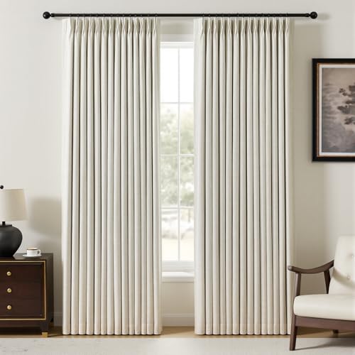 "YZ HOME Pinch Pleated Linen Curtains 100% Blackout 90 Inches Long for Living Room Bedroom, Memory Trained Thermal Insulated Room Darkening Window Drapes with Rings Hooks, 1 Panel, Natural, 60"" Wx90 L"