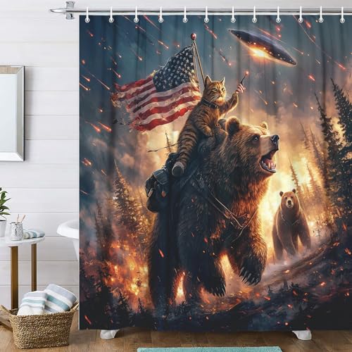 Funny Bear Shower Curtain Boys, Cool Cat Riding Bear on Rustic Cabin Forest Woodland Hilarious Shower Curtain, Funky Anime UFO Spaceship Animal Shower Curtain Kids Men Boys Decor with Hooks, 60X70IN