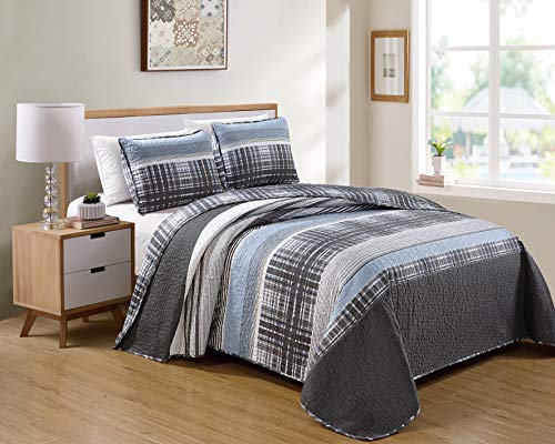Kids Zone Home Linen 2 Piece Twin/Twin Extra Long Charcoal White Light Grey Stripe Plaid Pattern Unisex Bedspread.
