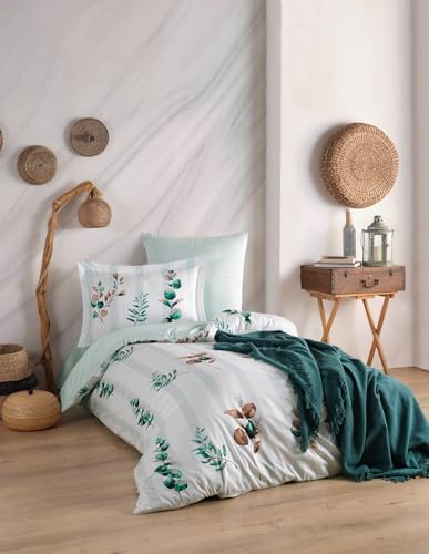 Luxurious Satin Duvet Cover (135 x 200 cm), 100% Cotton, Green & White, 210 Thread Count, Machine Washable at 40°C, Perfect for Elegant Bedrooms