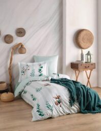 Luxurious Satin Duvet Cover (135 x 200 cm), 100% Cotton, Green & White, 210 Thread Count, Machine Washable at 40°C, Perfect for Elegant Bedrooms