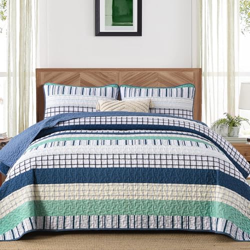 "DJY Striped Queen Size Quilt Set, Navy Blue Green Boho Bedspread Coverlet Set with 2 Pillowcases, 3 Pieces Soft Lightweight Microfiber Patchwork Quilt Bedding Set for All Season (96""x90"")"