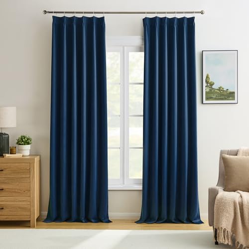 "Navy Blue Blackout Pinch Pleated Curtains for Living Room, Aesthetic Bedroom Room Darkening Curtain 132 Inches Long 40"" W x 132"" L-2 Panels"