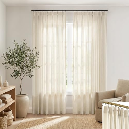 SHINELAND Coastal Sand Beige Linen Curtains for Living Room,84 Inches Long Sheer Pinch Pleated Boho Beachy Theme Beach Curtains for Bedroom Room Decor