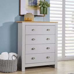 Home Source Chest of Drawers Clothing Storage Unit, 4 Drawers, Oak Effect Top, Grey
