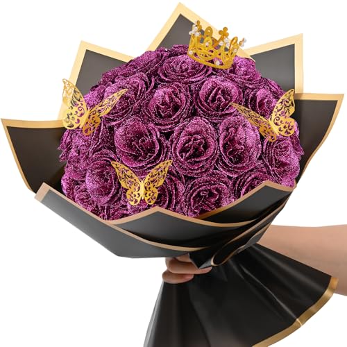 Waipfaru Glitter Roses Bouquet, DIY Fake Flowers Bouquet, Birthday Gifts for Women Mom, 24 Pcs Fuchsia Rose for Grandma Wife Girlfriend Valentines, Mothers Day, Anniversary, Graduation Gifts