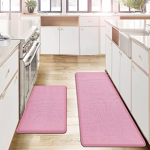 "AUTODECO Kitchen Rugs and Mats Set of 2 - Non-Skid Washable Floor Mat Anti Fatigue Comfort Cushioned Ergonomic Standing Mats for Home Office Sink Laundry 17""x29"" +17""x59"", PinkRed"