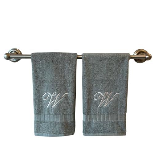 Gray Monogrammed Hand Towels for Bathroom - Luxury Hotel Quality Personalized Initial Embroidered Towel for Powder Room, Spa - GOTS Organic Certified - Set of 2 Silver Letter W