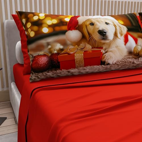 PETTI Italian Artisans - Cotton Sheets with Christmas Digital Print Pillowcases, French Queen Size Christmas Sheets, Christmas Bed Set, Xmas 15 Red, 100% Made in Italy