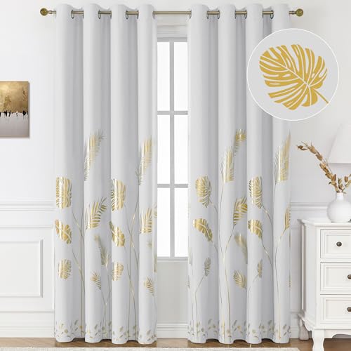 BUHUA Gold Foil Blackout Curtains Thermal Insulated Palm Tree Leaves Window Drapes Room Darkening Curtains for Living Room, 2 Panels (52x72 inch, Greyish White)