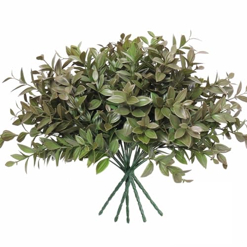 RECUTMS Artificial Plants & Flowers for Outside Outdoor Artificial Flowers Fake Outdoor Plants Faux UV Resistant Flower Plastic Shrubs Indoor Outside Hanging Decorations (Dark Green, 6 Bundles)