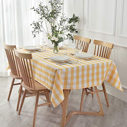 maxmill Checkered Rectangle Tablecloth Water Resistance Antiwrinkle Spillproof Heavy Weight Soft Gingham Plaid Table Cloth for Buffet Banquet Parties Holiday Dinner, 60 x 104 Inch Yellow and White