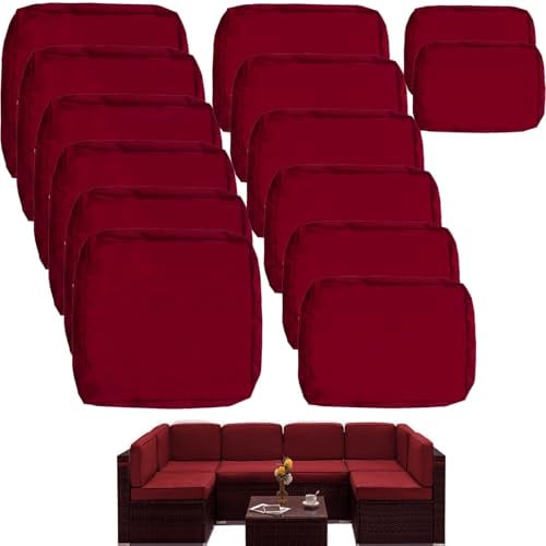 Sqodok Outdoor Cushion Covers 14Pcs Patio Cushion Slipcovers, Replacement Waterproof for 6-Seaters Sofa, Outdoor Furniture Cushion Slipcovers Set Seat and Back, Covers Only, Dark Red