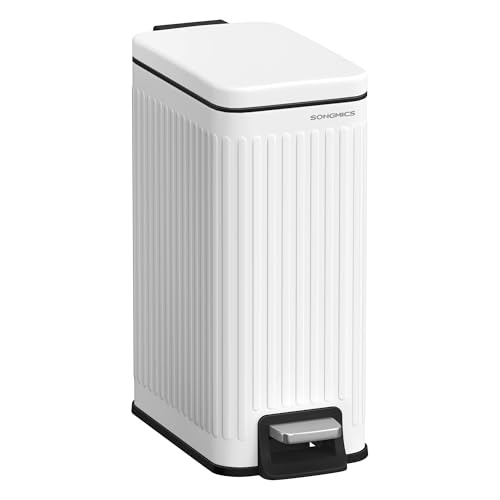 SONGMICS Bathroom Trash Can, 1.6-Gallon (6 L) Trash Bin with Lid, Slim for Small Spaces, Stainless Steel Garbage Can, Soft Close, Matte White ULTB563W02