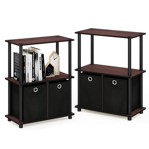 Furinno TURN-N-TUBE Storage Shelves Set of 2, 3-Tier Toolless Book Shelf with Storage Bins, Display Shelf, for Organization and Storage, Living Room, Garage, Home Office, Dark Cherry
