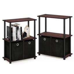 Furinno TURN-N-TUBE Storage Shelves Set of 2, 3-Tier Toolless Book Shelf with Storage Bins, Display Shelf, for Organization and Storage, Living Room, Garage, Home Office, Dark Cherry