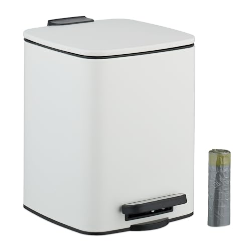 Relaxdays Bathroom Pedal Bin, 6 Litres, Soft-Close Lid, Removable Inner Bucket, Metal, Sanitary Waste, Toilet, White