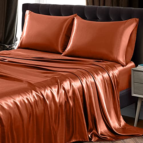 SiinvdaBZX 4Pcs Satin Sheet Set Queen Size Ultra Silky Soft Autumn Orange Satin Queen Bed Sheets with Deep Pocket, 1 Fitted Sheet, 1 Flat Sheet, 2 Envelope Closure Pillowcases