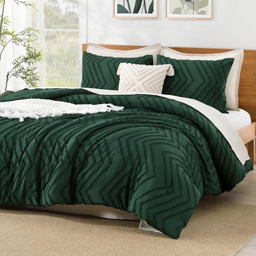 Litanika Super King Plus Comforter Set, 3 Pcs Boho Tufted Bedding Set - Oversized Alaskan King Emerald GreenNeutral Lightweight Fluffy Chevron Textured Bohemian Bedding Set Gift Choice