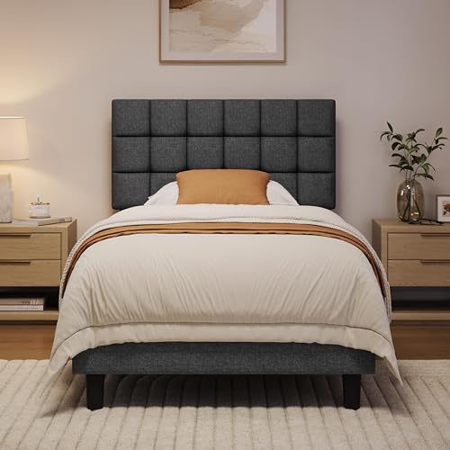 Yaheetech 3ft Single Bed Frame, Upholstered Headboard, Dark Gray