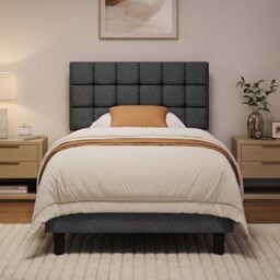 Yaheetech 3ft Single Bed Frame, Upholstered Headboard, Dark Gray
