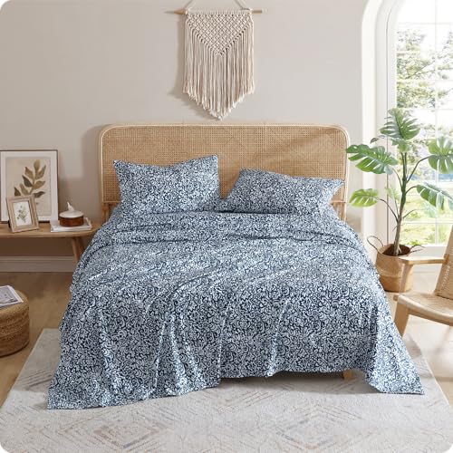Indigo Ink - Queen Size Sheet Set, 4-Piece Boho Floral Damask Patterned Bedding, Soft & Wrinkle Resistant (Tufted Medallion Collection, Navy Blue)