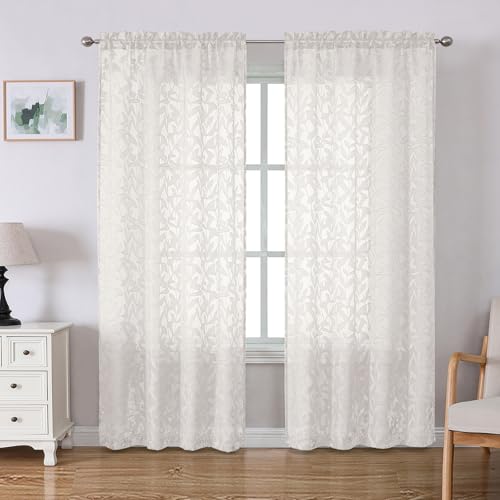 "Lecloud Leia Ivory Sheer Curtains 72 Inches Long 2 Panels, Jacquard Texture Leaves Voile Curtain Balance Light & Privacy, Dual Rod Pockets Drapes for Living Room Bedroom Dining Room, 42"" W x 72"" L"