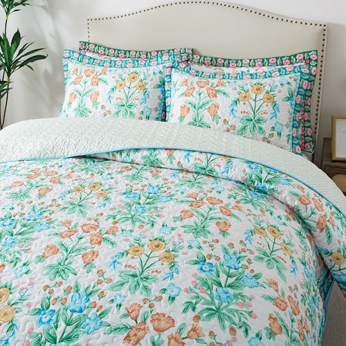 HoneiLife Floral Quilt King Size - Wildflower Quilt Sets 3-Piece, Microfiber Bedspreads Spring Coverlets Lightweight Bed Cover, King Size Quilt Bedding Sets Summer Quilts