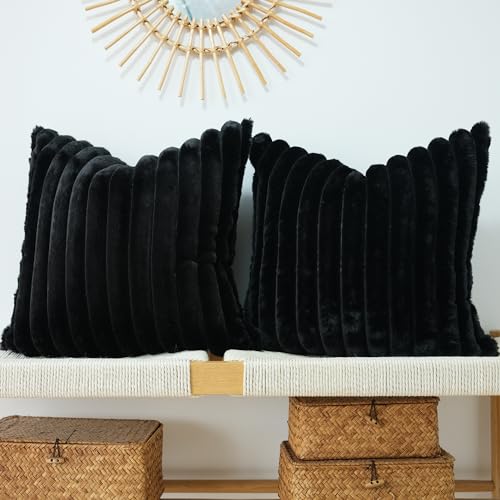 JOJUSIS Faux Fur Plush Throw Pillow Covers, Black, 20 x 20-Inch - Pack of 2, Couch Cushion Case, Soft Pillowcases, Decorative